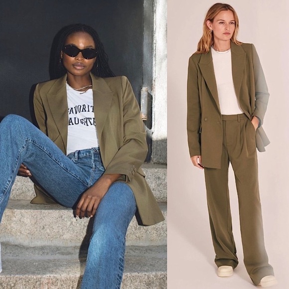 FAVORITE DAUGHTER Olive Green Double Breasted Oversize Boyfriend Blazer Jacket L - Picture 1 of 15